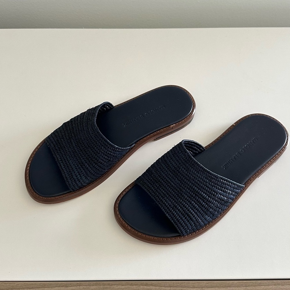 * Manolo Blahnik Raffia Slides * Blue, Fit: This style typically runs narrow *